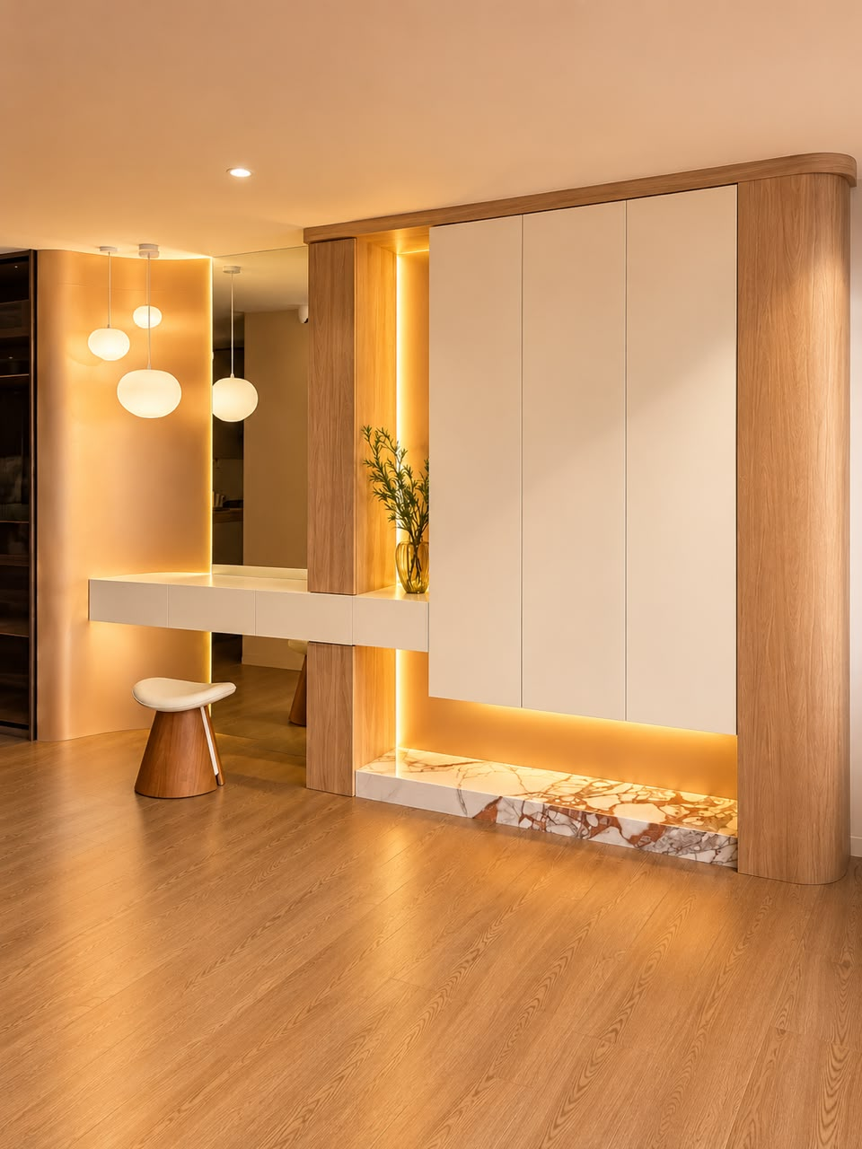 Kabinet lengkung dengan cermin dan kemasan marble