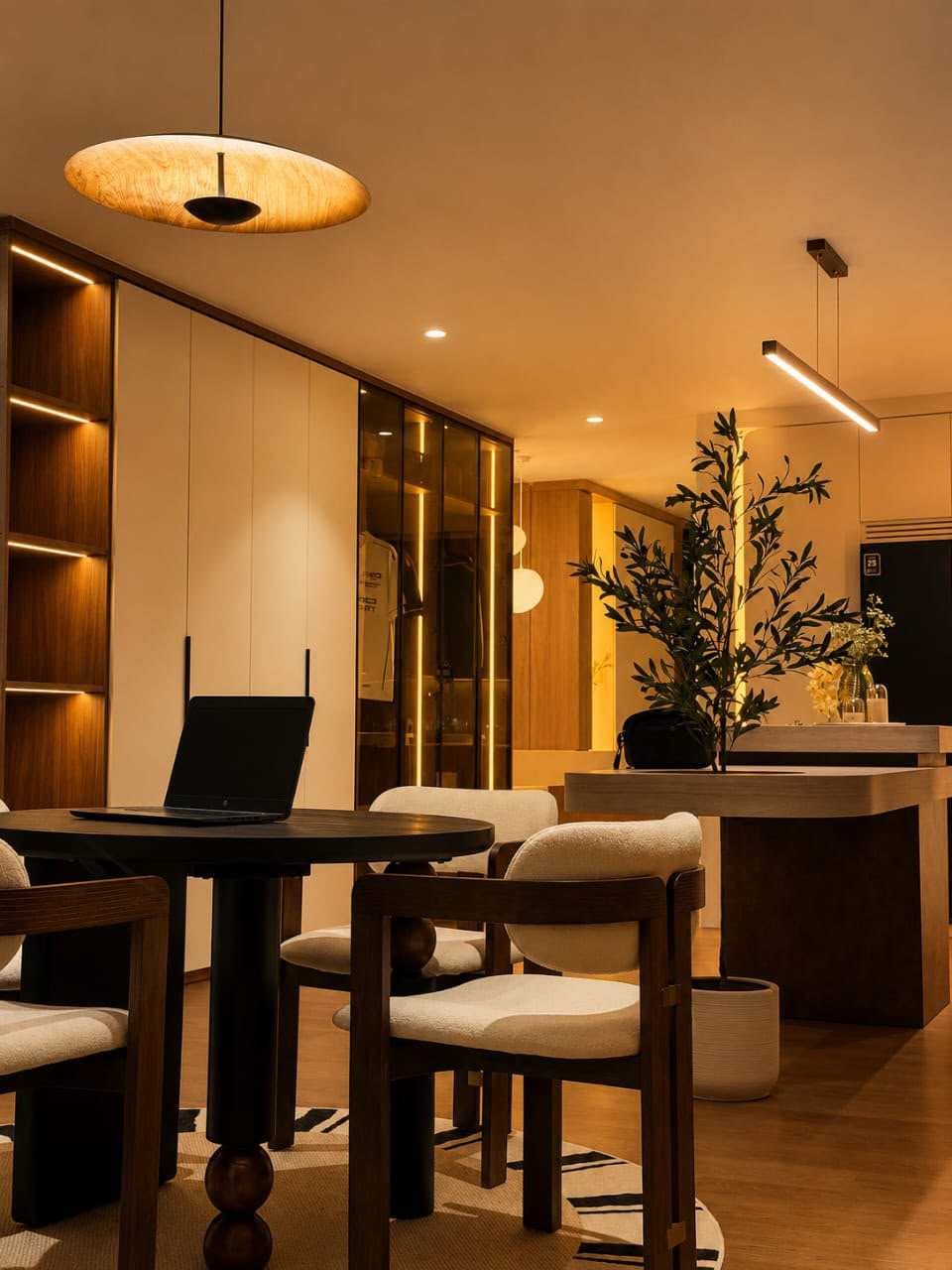 Ruang moden dengan kabinet custom dan pencahayaan lembut